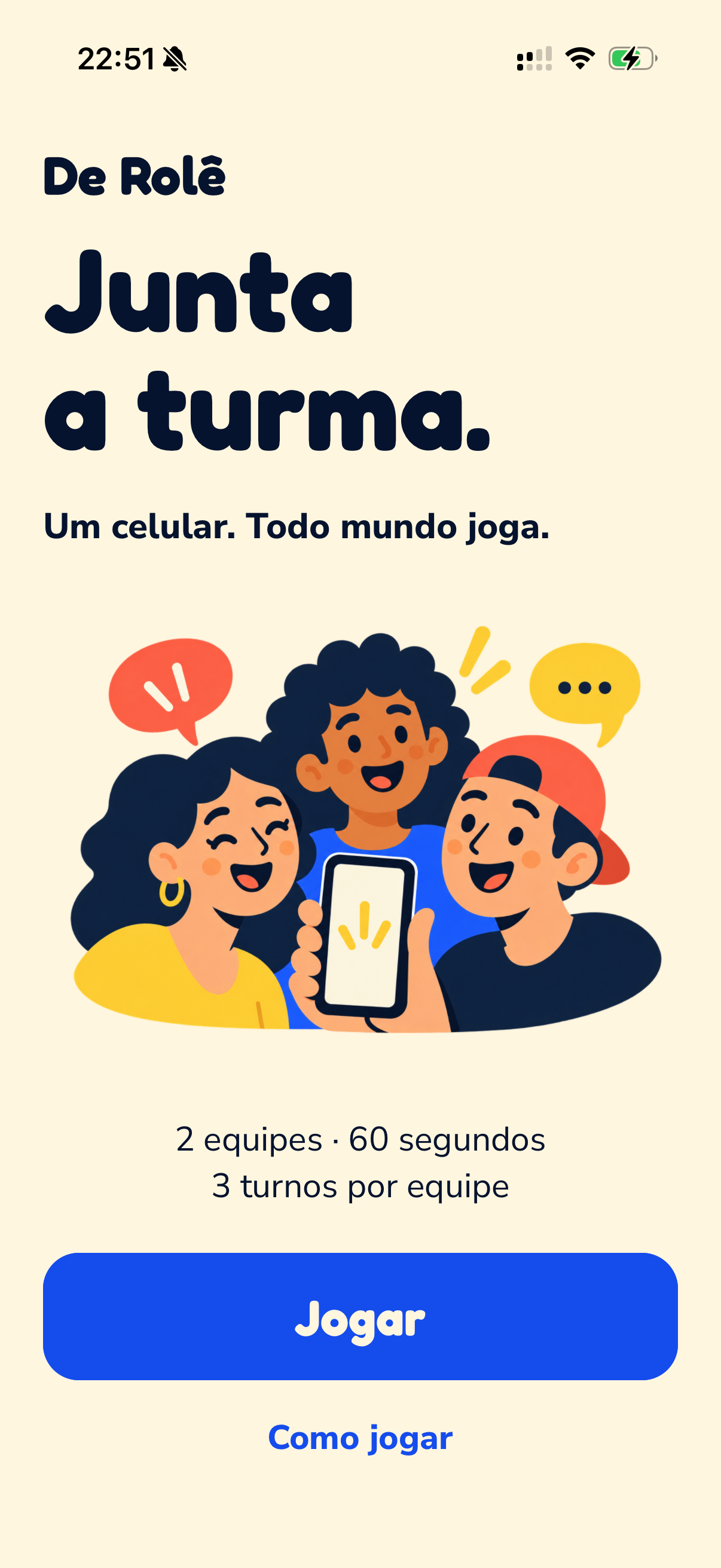 Tela inicial do De Rolê com a chamada Junta a turma, ilustração de amigos e botão Jogar.