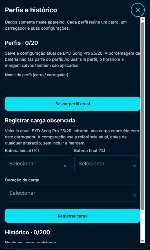 Tela Perfis e histórico, com campos para salvar a configuração do carro e carregador e registrar uma carga observada no aparelho.