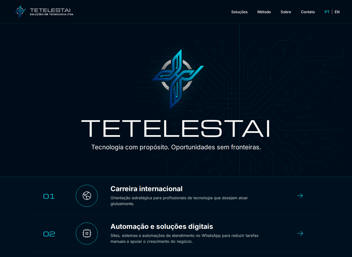 Página inicial da Tetelestai, com navegação PT e EN, identidade em azul-marinho e ciano e apresentação da empresa.
